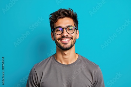 Portrait of a Smiling Young South Asian Man with Glasses Against a Vibrant Turquoise Background, Exuding Confidence and Friendliness, Perfect for Personal Branding or Social Media