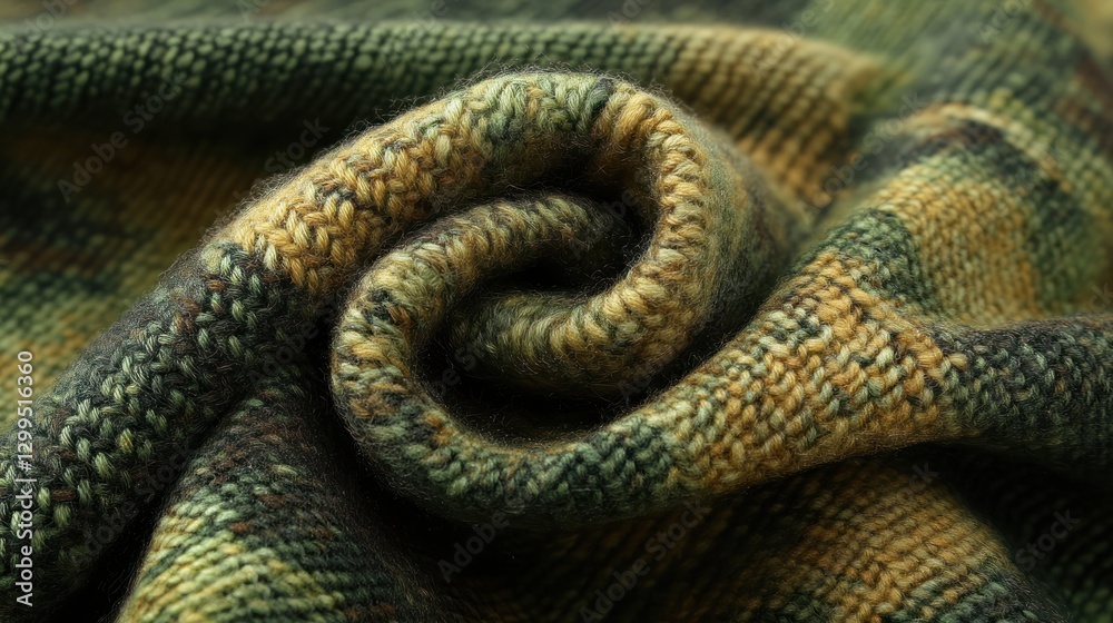 Fototapeta premium Close-up Knitted Fabric Texture: Olive Green and Gold Plaid Wool