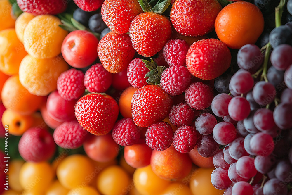 A vibrant mix of fresh strawberries, raspberries, plums, and grapes. A vibrant mix of fresh strawberries, raspberries, plums, and grapes.