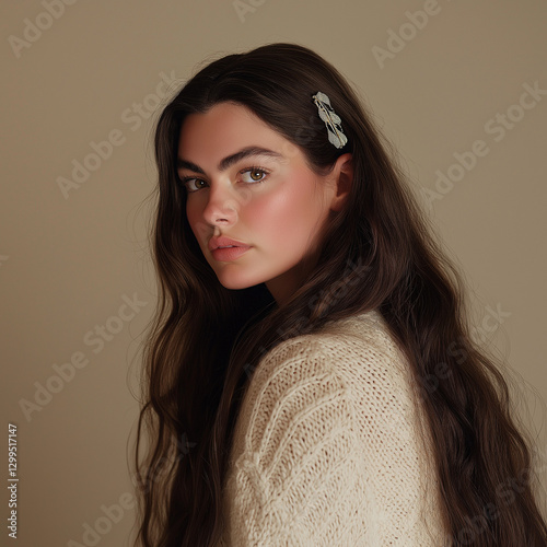 Young woman with long brown hair, wearing a cream-colored sweater.