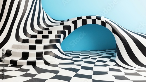 Dynamic black and white patterned architecture with fluid curves and stairs on a light blue background