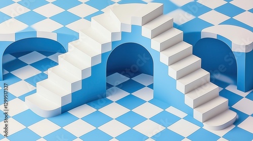 Curved white staircases on blue and white checkered floor in a contemporary abstract space for creative idealism and visual design
