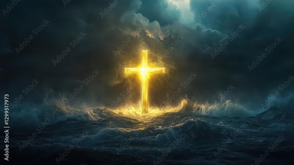 Fototapeta premium Powerful Visual of a Radiant Golden Cross Ascending from a Turbulent Dark Ocean Symbolizing Unyielding Faith and Divine Guidance Amid Stormy Chaos