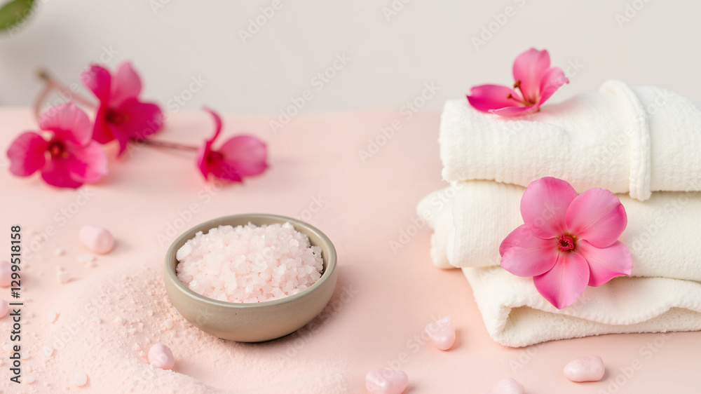 A calm spa scene with pink bath salts, a loofah and pink flowers. Ideal for wellness and relaxation concepts. A calm spa scene with pink bath salts, a loofah and pink flowers. Ideal for wellness and relaxation concepts.