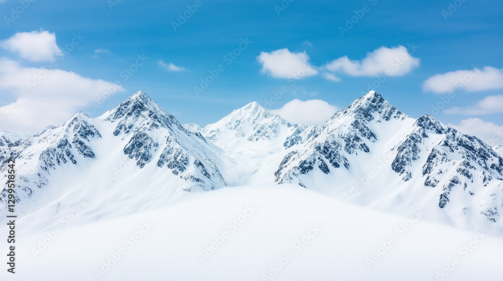 A breathtaking view of snow-capped mountains with sharp peaks, surrounded by a bright blue sky and gentle clouds, winter A breathtaking view of snow-capped mountains with sharp peaks, surrounded by a bright blue sky and gentle clouds, winter
