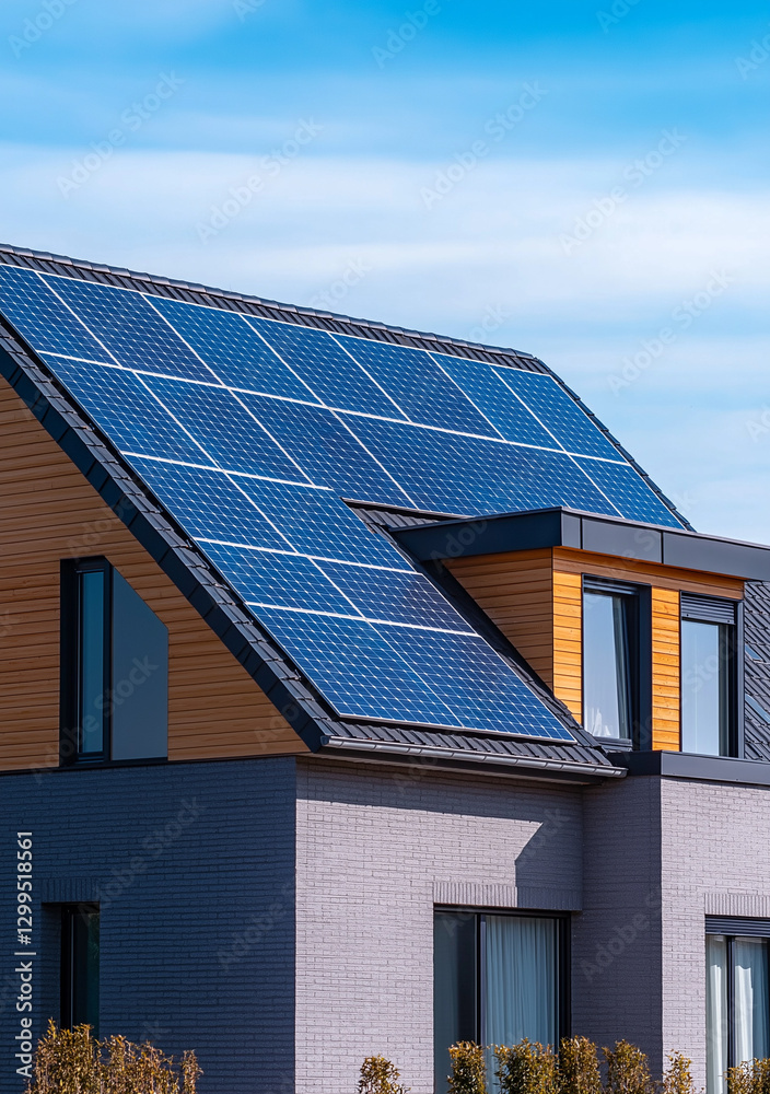 Modern home with solar panels on the roof, sustainable energy. Modern home with solar panels on the roof, sustainable energy.
