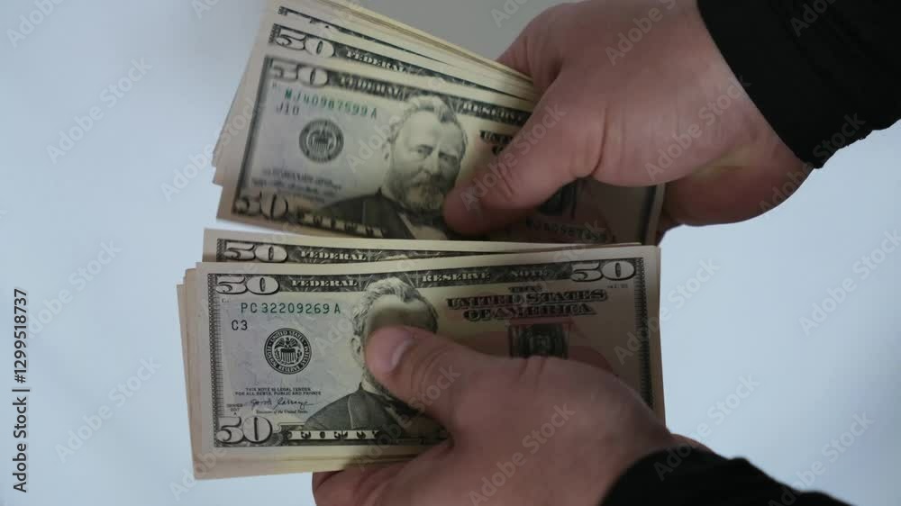 Close up of man's hands counting 50 dollar bills, hands holding cash dollars, money counting, dollar banknotes