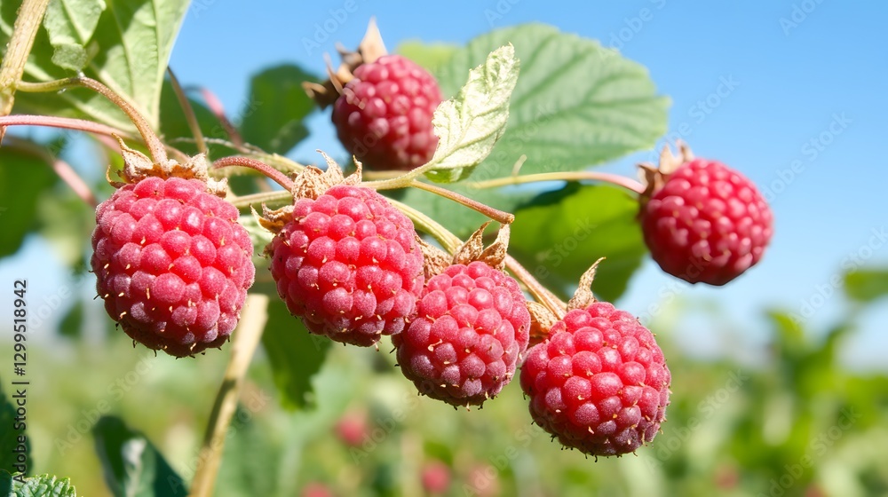 Juicy Ripe Raspberries on the Branch Summer Sunlight