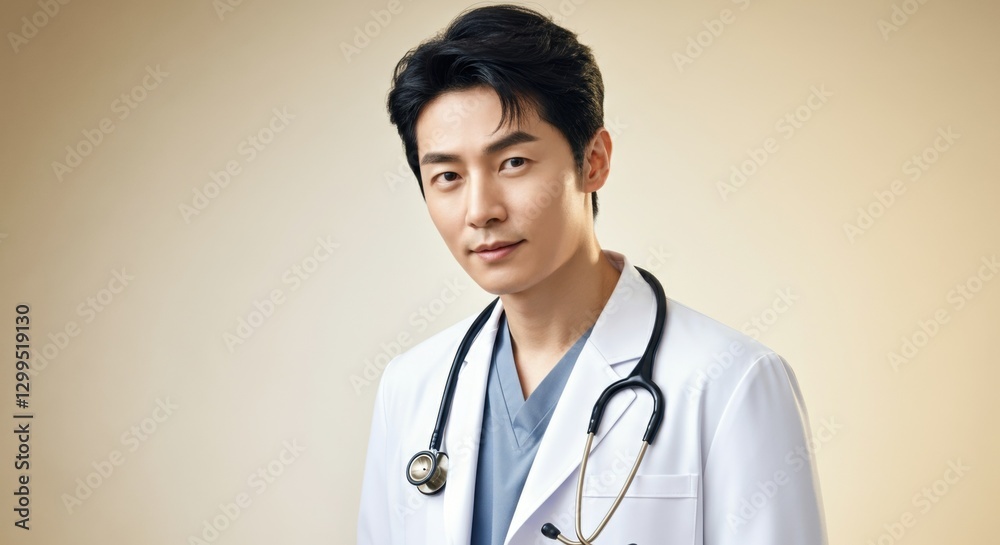 Asian male doctor in white coat with stethoscope smiling against neutral background Asian male doctor in white coat with stethoscope smiling against neutral background