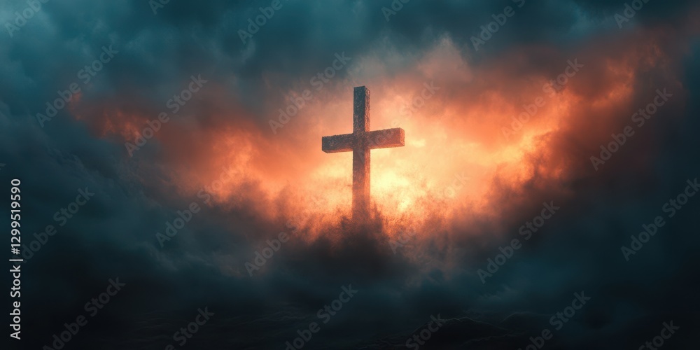 Fototapeta premium Fiery glow behind a cross amidst dark clouds creates a dramatic and spiritual atmosphere at dusk