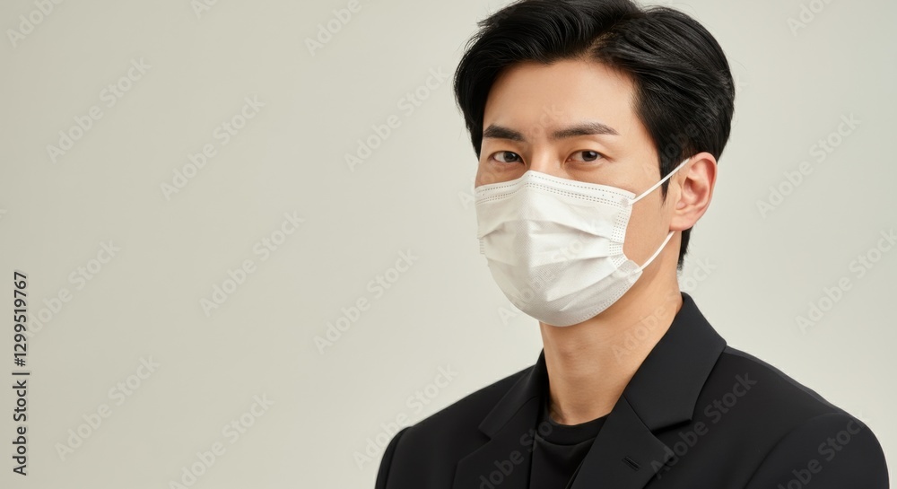 Young asian male wearing face mask and black suit against neutral background Young asian male wearing face mask and black suit against neutral background