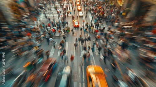 A time-lapse shot of a busy street, capturing the motion of people and cars blurring together in a dynamic display of energy and change.