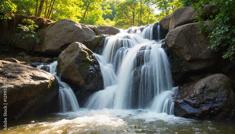 Waterfall cascading over rocks in a lush green forest Waterfall cascading over rocks in a lush green forest