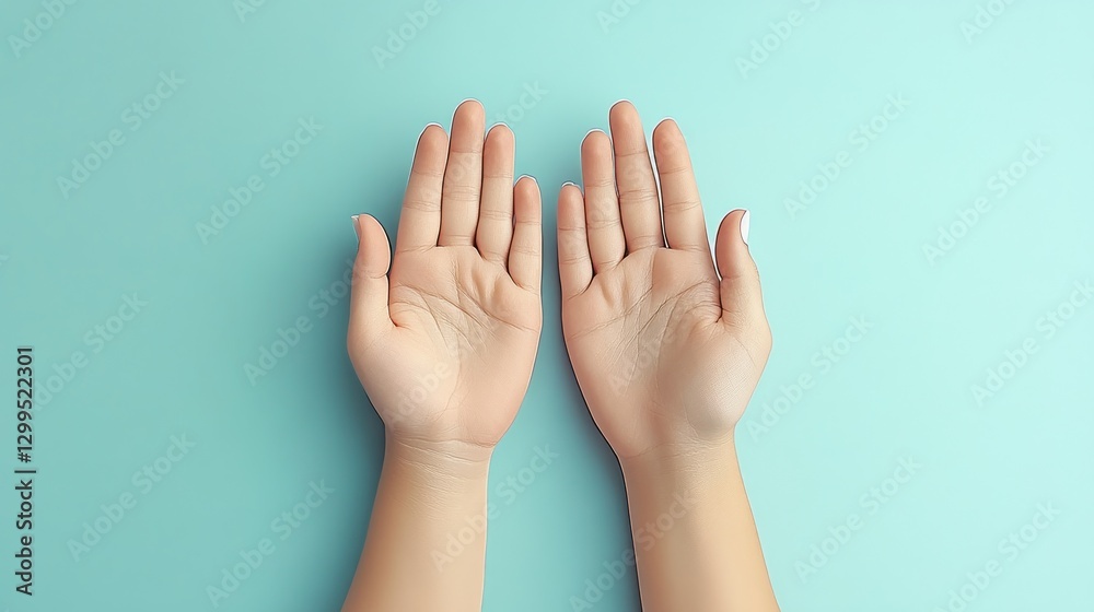 Open hands on light teal background Open hands on light teal background