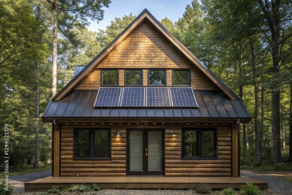 Charming cabin with solar panels, nestled in a serene forest setting. Charming cabin with solar panels, nestled in a serene forest setting.