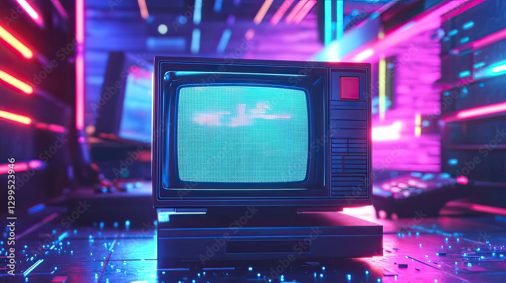 Retro Tv in a neon illuminated room. Old screen displays graphics AI Generative Retro Tv in a neon illuminated room. Old screen displays graphics AI Generative