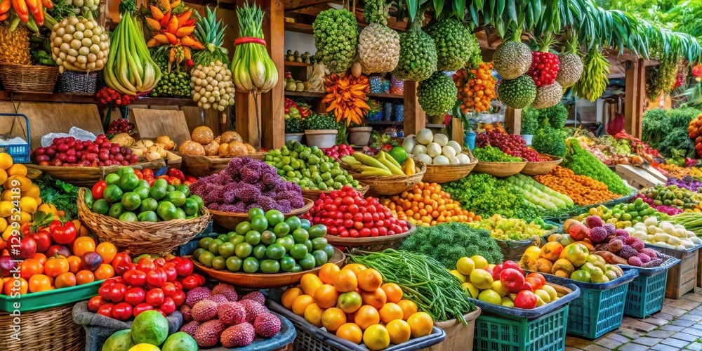 Fototapeta premium Colorful stall overflowing with fresh tropical fruits and vegetables in a vibrant farmers market setting, farmer, vegetables