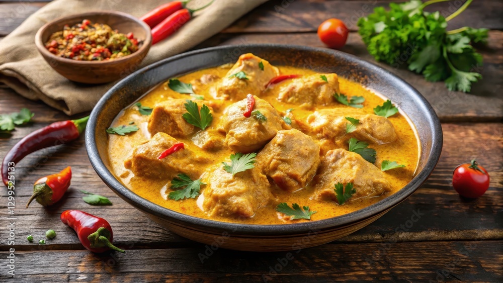 Aromatic chicken korma dish served in a shallow bowl with a creamy sauce and mild spices, Indian cuisine Aromatic chicken korma dish served in a shallow bowl with a creamy sauce and mild spices, Indian cuisine