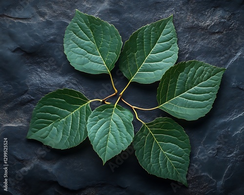 Green leaves arranged on dark stone
