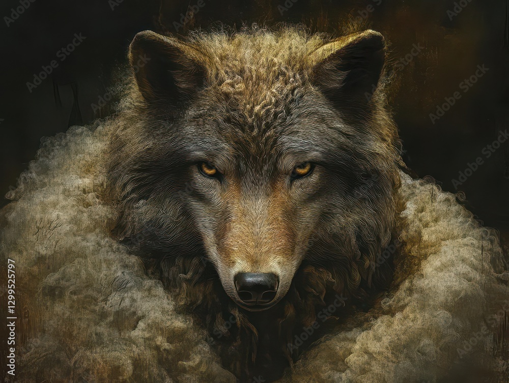 Striking Visual Metaphor of a Cunning Wolf Cloaked in Sheep Apparel, Evoking Themes of Deception and Intrigue in a Bold, Thought-Provoking Composition Striking Visual Metaphor of a Cunning Wolf Cloaked in Sheep Apparel, Evoking Themes of Deception and Intrigue in a Bold, Thought-Provoking Composition