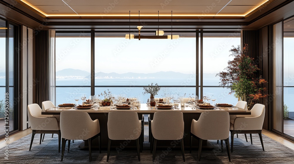 Fototapeta premium A luxury dining room featuring a long table with ample surrounding space.