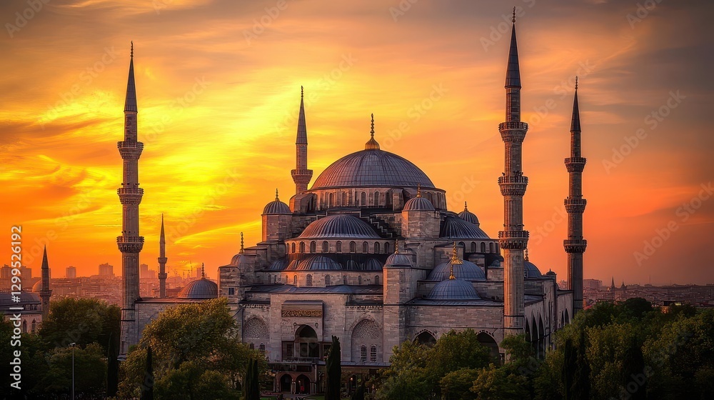 Fototapeta premium Stunning Blue Mosque in Istanbul Bathed in the Golden Hues of a Mesmerizing Sunset, Capturing the Splendor of Ottoman Architecture and Timeless Culture