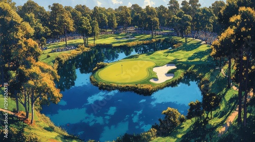 Championship golf tournament viewed from above showcasing lush greens and water hazards photo