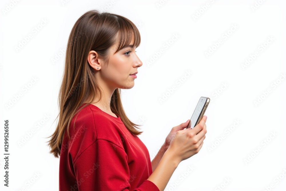 Young Caucasian Female with Long Brown Hair Engrossed in Using Her Smartphone While Wearing a Bright Red Sweater Against a White Background Young Caucasian Female with Long Brown Hair Engrossed in Using Her Smartphone While Wearing a Bright Red Sweater Against a White Background