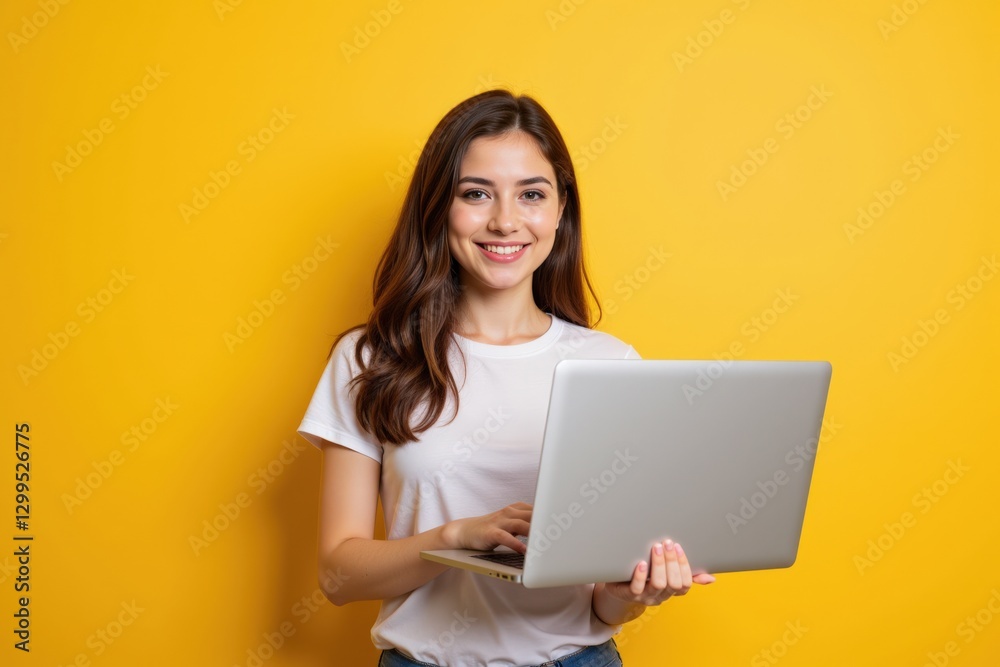 Naklejka premium Smiling Young Woman in Casual Clothing Using Laptop Against Bright Yellow Background, Symbolizing Digital Communication and Modern Workspaces