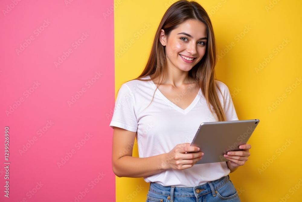 Young Hispanic Woman Smiling While Holding a Tablet in a Brightly Colored Studio with Pink and Yellow Backgrounds Young Hispanic Woman Smiling While Holding a Tablet in a Brightly Colored Studio with Pink and Yellow Backgrounds