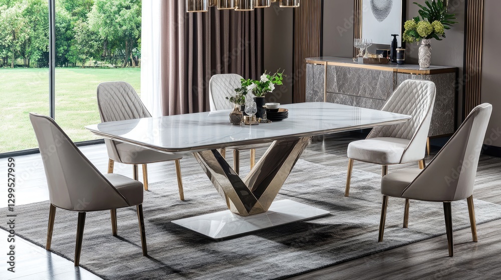 Fototapeta premium A modern dining table set in a spacious room with at least cm of surrounding space.