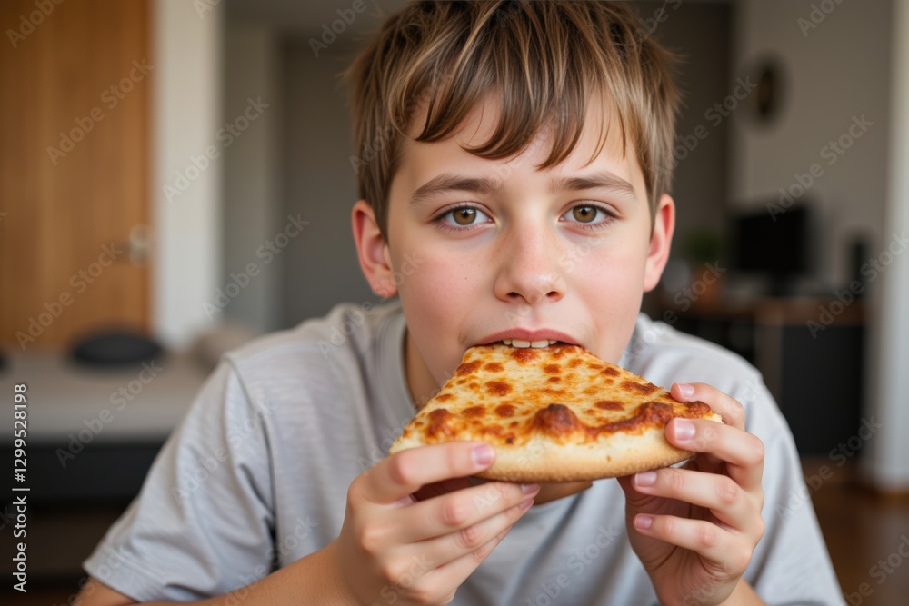 Young Boy Enjoying Cheese Pizza Slice in Modern Living Room, Radiating Joy and Curiosity Young Boy Enjoying Cheese Pizza Slice in Modern Living Room, Radiating Joy and Curiosity