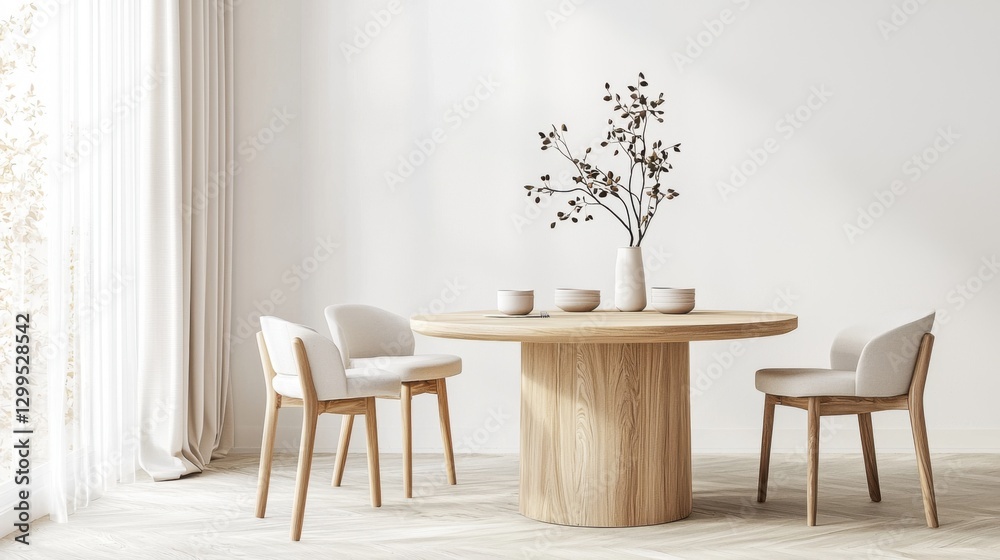 Fototapeta premium Elegant dining interior with round wooden table, neutral pastel tones, and Nordic chairs. Sunlight filters through sheer curtains, enhancing the cozy textures and clean, timeless design. 