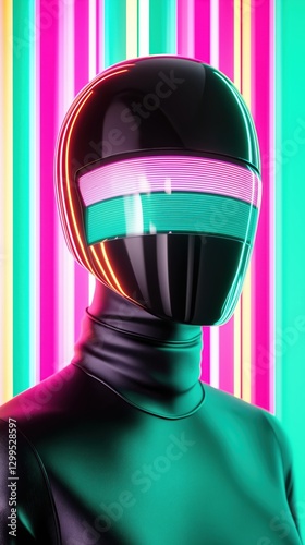 Futuristic robot with neon lights a sleek, glossy helmet against vibrant vertical stripes in electric colors, perfect for tech and sci-fi themes. photo