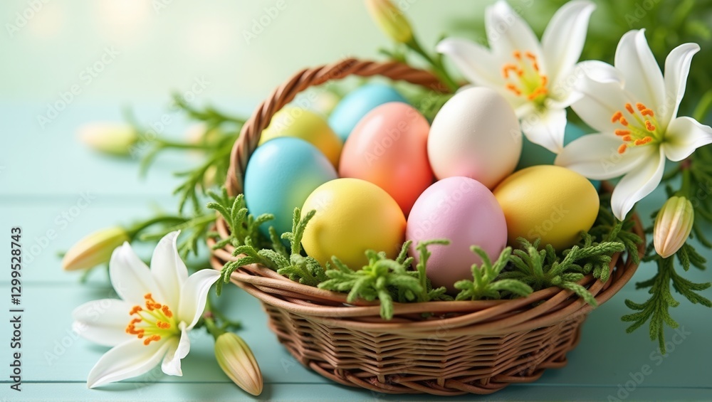 Obraz premium A vibrant Easter basket filled with colorful eggs surrounded by fresh greenery and blooming lilies, creating a bright and festive atmosphere for the holiday. Generative, AI,