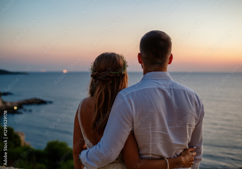 Fototapeta premium Romantic couple watching sunset by the sea