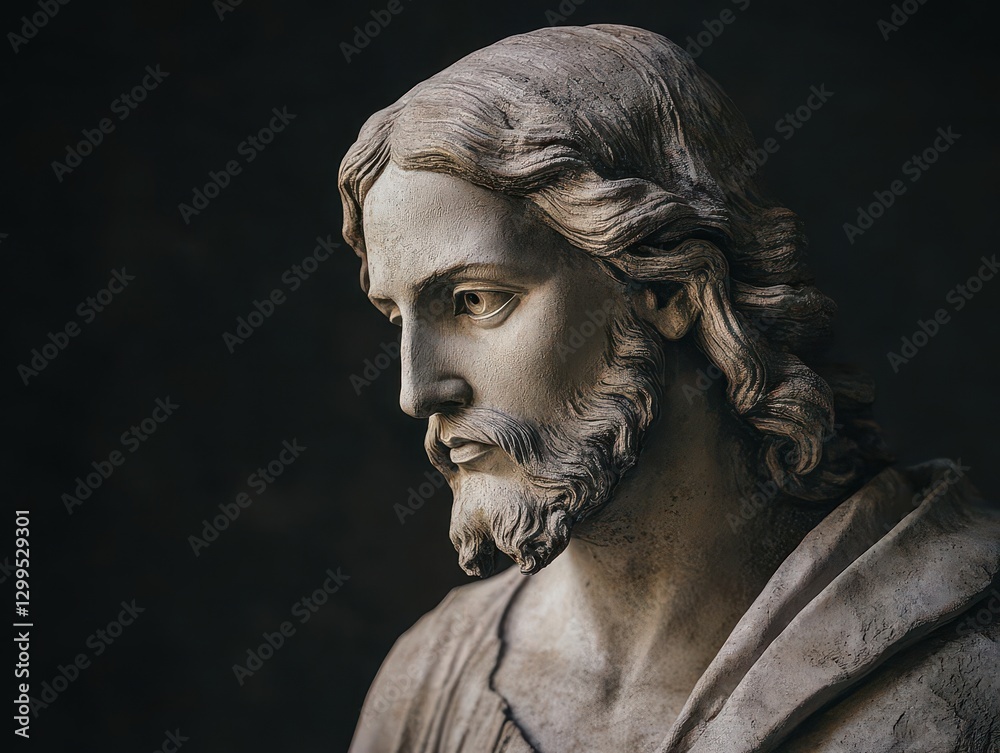 Timeless Profile of Jesus Christ as an Ancient Statue Evoking Profound Themes of Faith Suffering Immortality and Divine Redemption Timeless Profile of Jesus Christ as an Ancient Statue Evoking Profound Themes of Faith Suffering Immortality and Divine Redemption