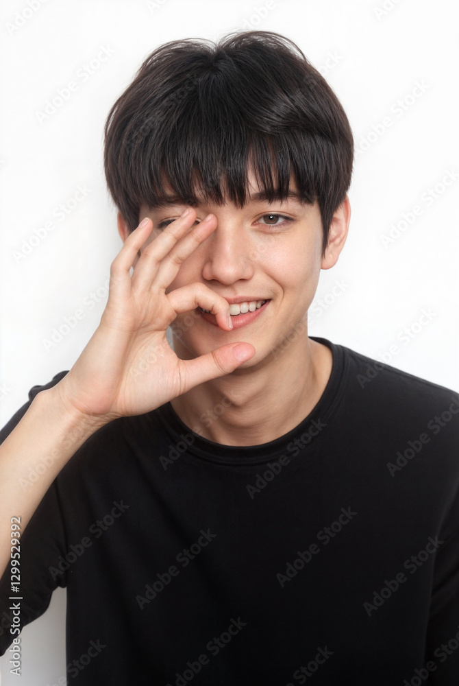 a person wearing a black t-shirt, standing in front of a plain background. They have short, dark hair and are holding their hand near their face in a playful gesture. a person wearing a black t-shirt, standing in front of a plain background. They have short, dark hair and are holding their hand near their face in a playful gesture.