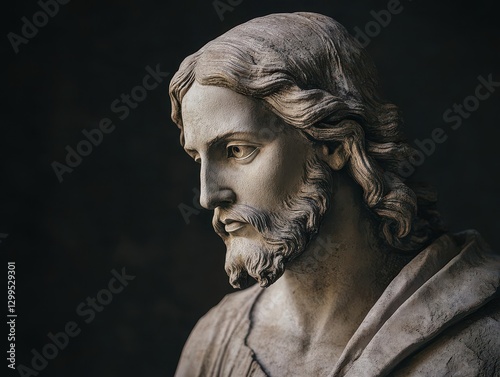 Timeless Profile of Jesus Christ as an Ancient Statue Evoking Profound Themes of Faith Suffering Immortality and Divine Redemption photo