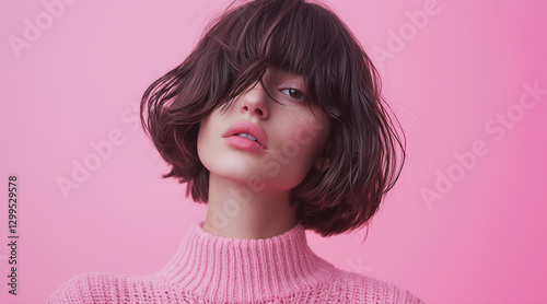 Wallpaper Mural A playful, whimsical portrait of a fashion model with short brown hair covering her eyes. The woman is wearing a pink sweater and standing against a pink background Torontodigital.ca