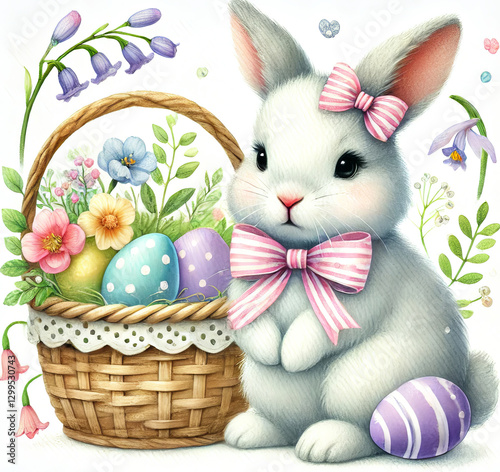 A cute bunny is sitting near the basket full of Easter eggs