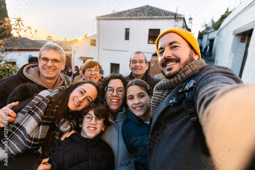 Multi generational caucasian family taking selfie portrait at city street. Happy group of people having fun enjoying vacation on Granada in winter. Travel and family concept