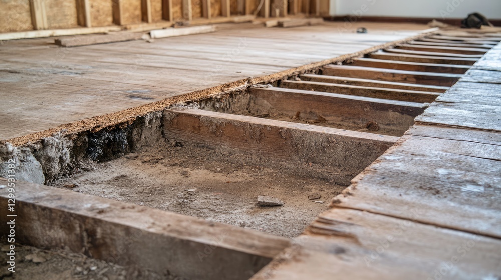 Obraz premium A partially removed wooden floor revealing a concrete subfloor with signs of moisture seepage.