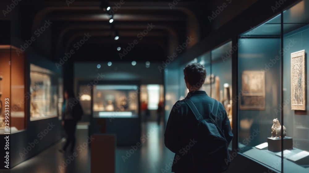 Museum visitor exploring ancient artifacts at night Museum visitor exploring ancient artifacts at night