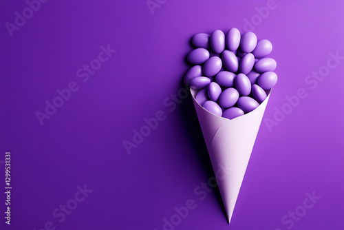 paper cone with purple candies, purple gradient background. Easter theme for marketing, social media, event decor services, flat lay with copy space photo