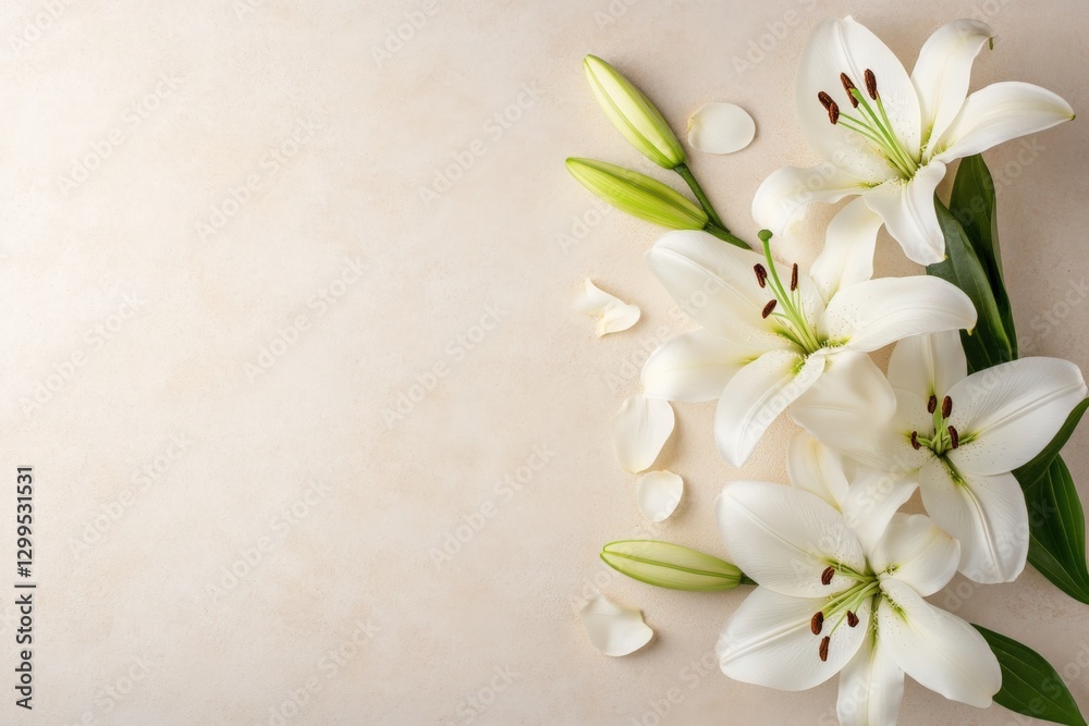 Fototapeta premium white lilies with green leaves on light textured background