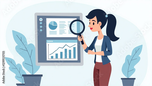 Businesswoman Analyzing Data with Magnifying Glass, Concept of Recruitment and Job Search