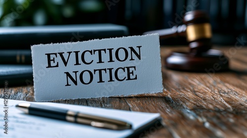 Eviction notice placed on a wooden table with a gavel in the background, reflecting legal troubles.