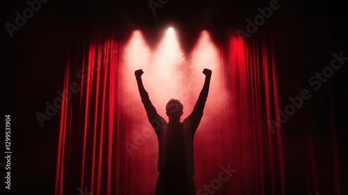 Silhouette of a Person on Stage with Red Curtains