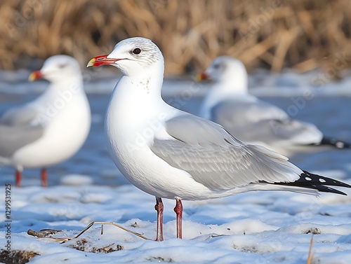 Gulls on snowy shore photo